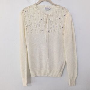 Vintage Flower Embroidered Eyelet Pullover Sweater Tie Neck Ivory Large L